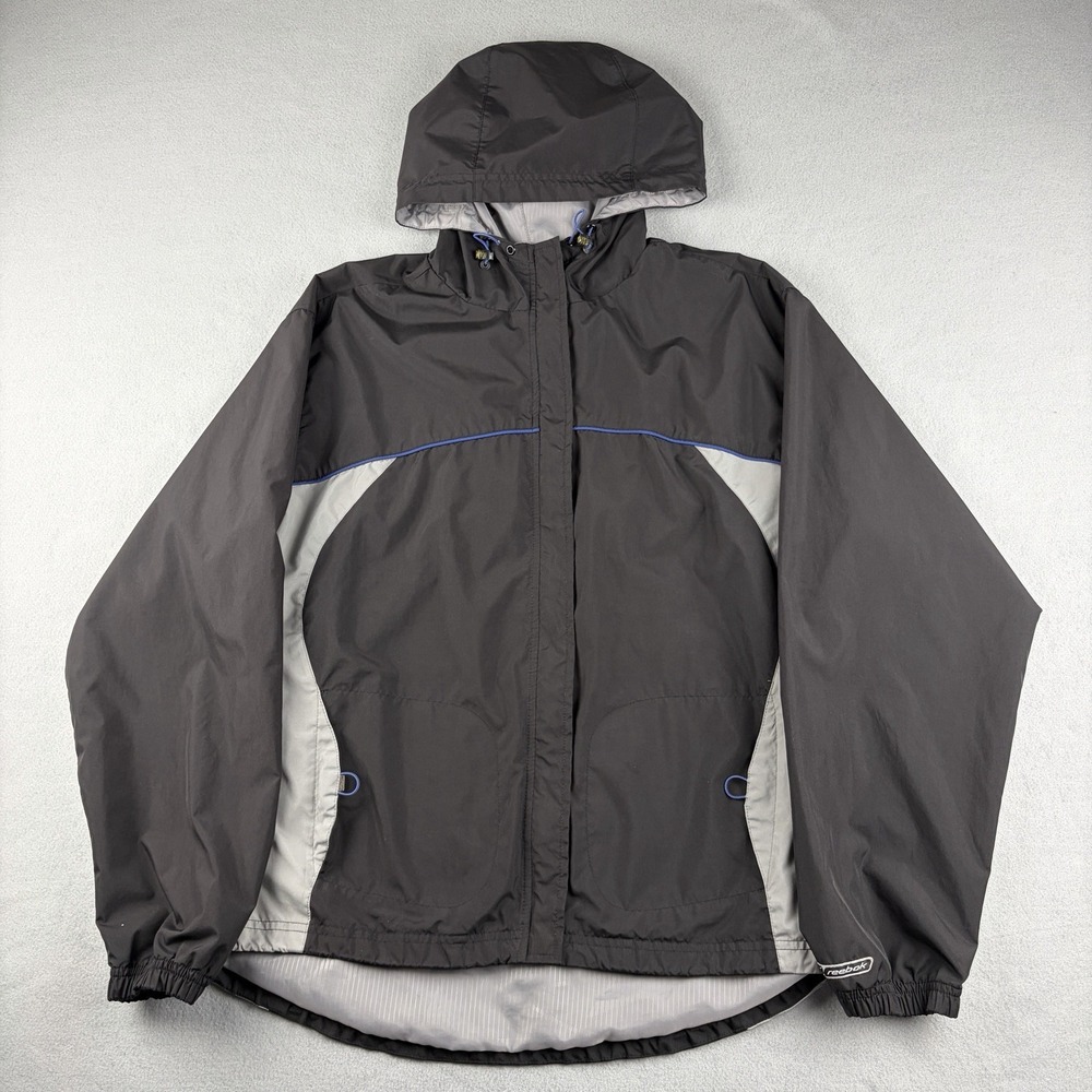 Vintage Reebok Windbreaker Jacket Men's XL Black Gray Hooded 90s Y2K
